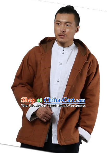 Traditional Chinese Kung Fu Costume Martial Arts Linen Hooded Coat Pulian Clothing, China Tang Suit Jackets Tai Chi Meditation Khaki Overcoat Clothing for Men