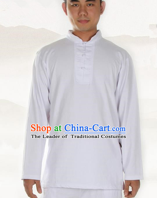 Traditional Chinese Kung Fu Costume Martial Arts Linen Plated Buttons White Shirt Pulian Meditation Clothing, China Tang Suit T-Shirts Tai Chi Clothing for Men