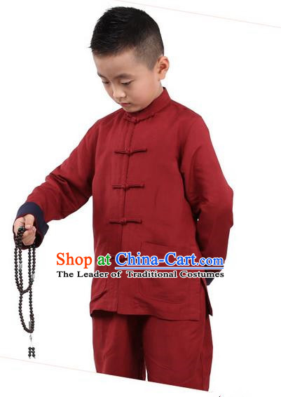 Traditional Chinese Kung Fu Costume, Children Martial Arts Linen Long Sleeve Suits Pulian Clothing, China Tang Suit Tai Chi Meditation Red Uniforms for Kids