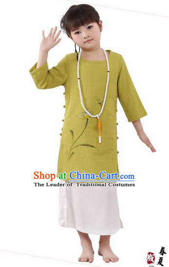 Traditional Chinese Cheongsam Costume, Children Meditation Linen Dress Pulian Clothing, China Tang Suit Tai Chi Zen Painting Lotus Green Dress for Kids