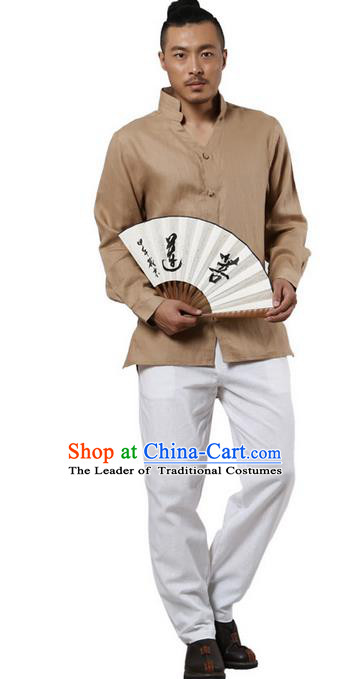 Traditional Chinese Kung Fu Costume Martial Arts Linen Stand Collar Shirts Pulian Clothing, China Tang Suit Tai Chi Overshirt Khaki Upper Outer Garment for Men