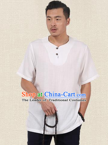 Traditional Chinese Kung Fu Costume Martial Arts Linen Short Sleeve T-Shirts Pulian Clothing, China Tang Suit Tai Chi Overshirt White Upper Outer Garment for Men