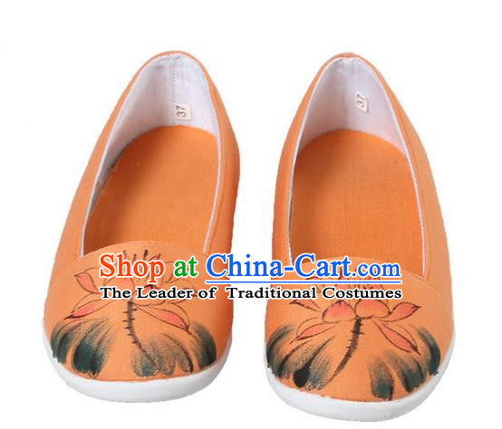 Top Chinese Traditional Tai Chi Hand Painting Lotus Linen Shoes Kung Fu Pulian Shoes Martial Arts Orange Shoes for Women