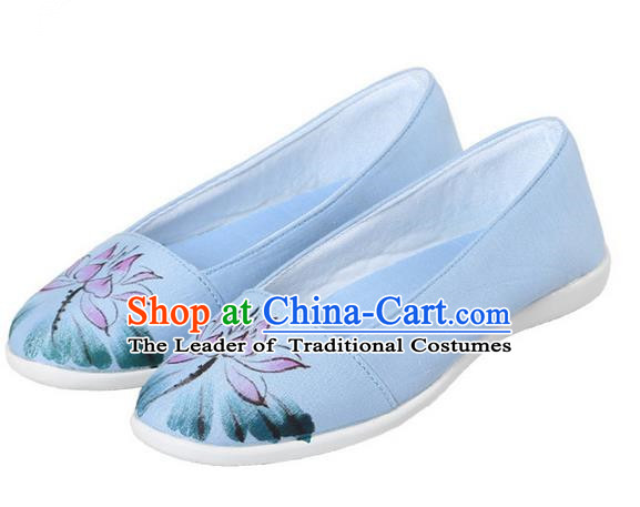 Top Chinese Traditional Tai Chi Hand Painting Lotus Linen Shoes Kung Fu Pulian Shoes Martial Arts Blue Shoes for Women