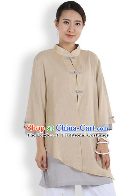 Top Chinese Traditional Costume Tang Suit Double-deck Linen Blouse, Pulian Clothing China Cheongsam Upper Outer Garment Khaki Plated Buttons Shirt for Women