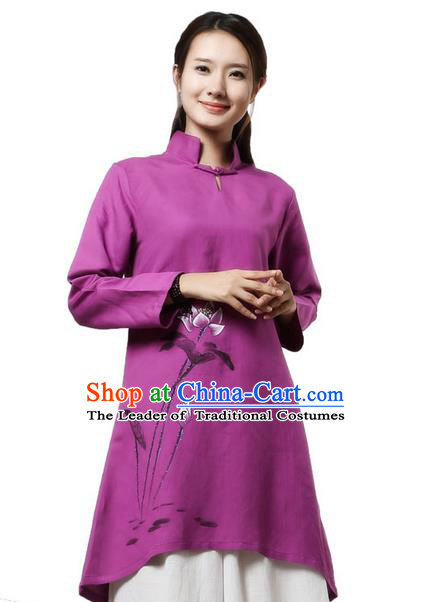 Top Chinese Traditional Costume Tang Suit Linen Painting Lotus Qipao Dress, Pulian Clothing China Republic of China Cheongsam Upper Outer Garment Purple Dress for Women