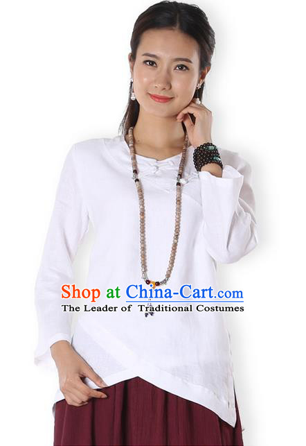 Top Chinese Traditional Costume Tang Suit White Blouse, Pulian Zen Clothing China Cheongsam Upper Outer Garment Plated Buttons Shirts for Women