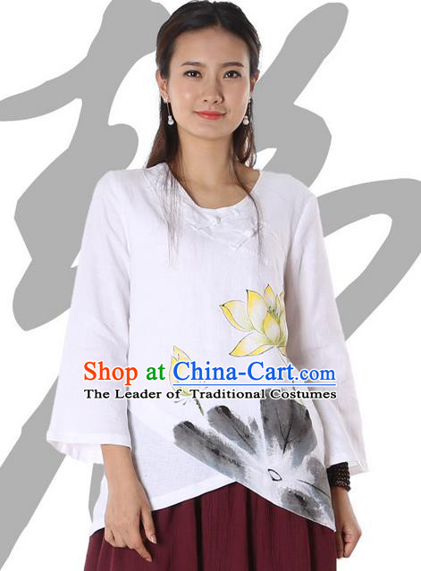 Top Chinese Traditional Costume Tang Suit White Painting Lotus Blouse, Pulian Zen Clothing China Cheongsam Upper Outer Garment Plated Buttons Shirts for Women