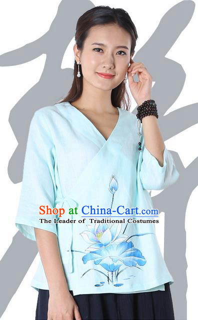 Top Chinese Traditional Costume Tang Suit Blue Painting Blue Lotus Blouse, Pulian Zen Clothing China Cheongsam Upper Outer Garment Slant Opening Shirts for Women