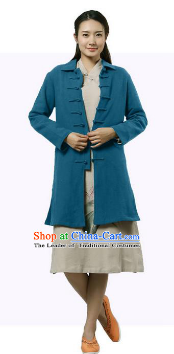 Top Chinese Traditional Costume Tang Suit Plated Buttons Coats, Pulian Clothing Republic of China Cheongsam Cyan Dust Coats for Women