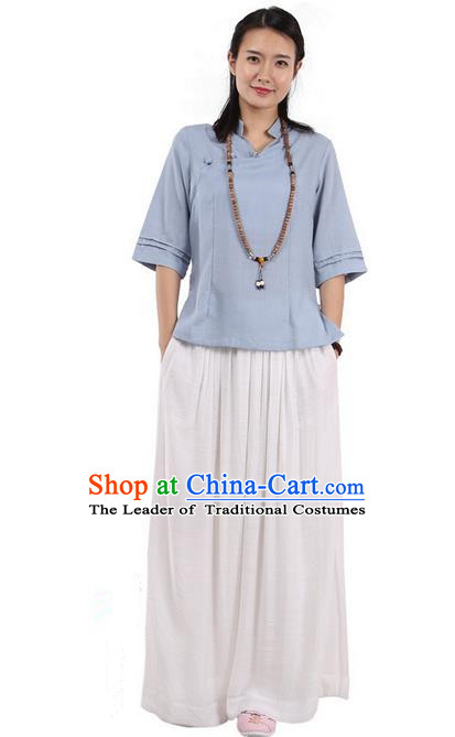 Top Chinese Traditional Costume Tang Suit Blue Painting Lotus Blouse, Pulian Zen Clothing China Cheongsam Upper Outer Garment Slant Opening Shirts for Women