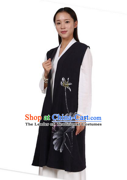 Top Chinese Traditional Costume Tang Suit Linen Vest, Pulian Zen Clothing Republic of China Cheongsam Upper Outer Garment Green Navy Cappa for Women