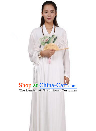Top Chinese Traditional Costume Tang Suit Linen Upper Outer Garment Qipao Dress, Pulian Zen Clothing Republic of China Cheongsam White Dress for Women