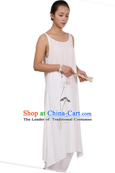 Top Chinese Traditional Costume Tang Suit Linen Painting Lotus Sundress, Pulian Zen Clothing Republic of China Pinafore Dress White Dress for Women