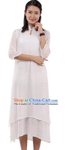 Top Chinese Traditional Costume Tang Suit Linen Double-deck Qipao Dress, Pulian Zen Clothing Republic of China Cheongsam Upper Outer Garment White Dress for Women