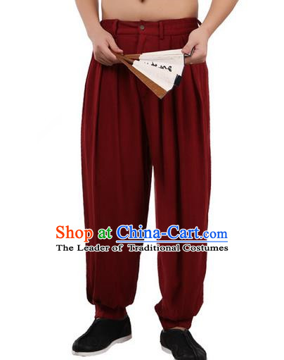 Top Chinese Traditional Linen Kong Fu Loose Pants, Pulian Zen Clothing China Martial Art Plus Fours Bloomers Red Trousers for Men