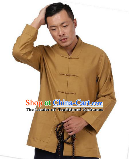 Traditional Chinese Kung Fu Costume Pulian Meditation Clothing Martial Arts Linen Plated Buttons Shirts, China Tang Suit Upper Outer Garment Khaki Overcoat for Men