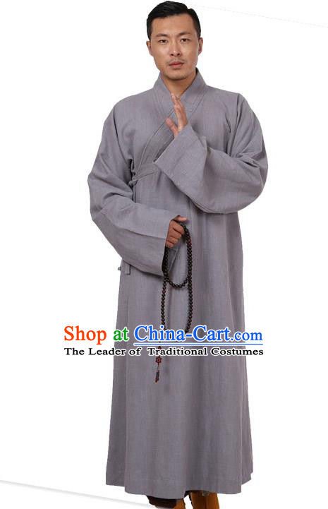 Traditional Chinese Kung Fu Costume Martial Arts Linen Grey Monk Robes Pulian Meditation Clothing, China Tang Suit Shaolin Wushu Frock for Men