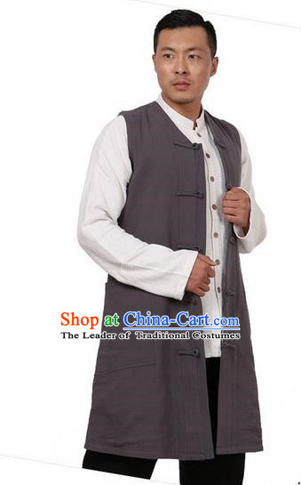 Traditional Chinese Kung Fu Costume Martial Arts Grey Vest Pulian Meditation Clothing, China Tang Suit Waistcoat Tai Chi Long Weskit for Men