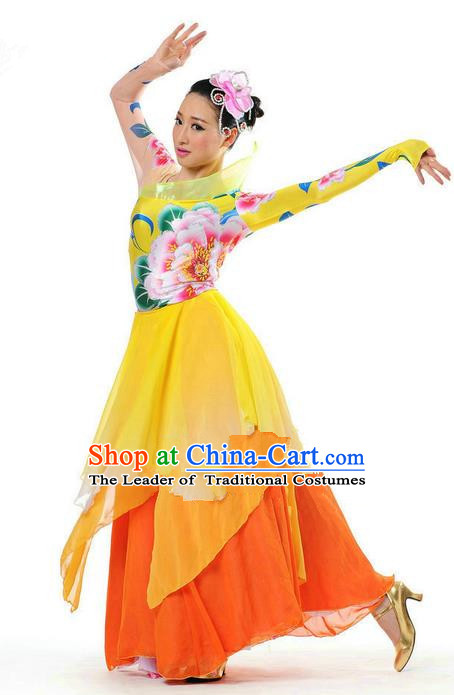 Chinese Classic Stage Performance Chorus Singing Group Dance Costumes, Opening Dance Big Swing Flowers Dress for Women