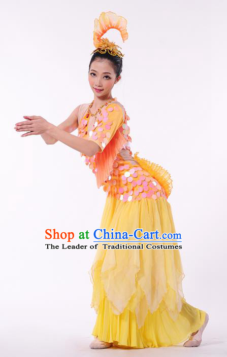 Traditional Chinese Dai Nationality Peacock Dancing Costume, Folk Dance Ethnic Paillette Dress, Chinese Dai Minority Nationality Dance Clothing for Women