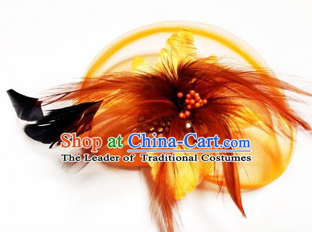 Traditional Chinese Folk Dance Headwear Yangko Hair Accessories, Chinese Classical Dance Orange Feather Veil Headpiece Hair Pin for Women