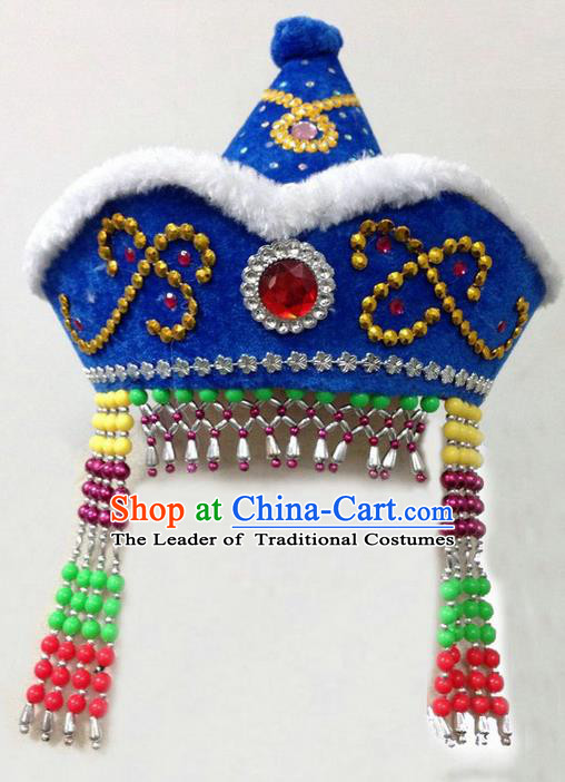 Traditional Chinese Mongol Nationality Dance Headwear, Chinese Mongolian Minority Nationality Folk Dancing Blue Hat for Kids