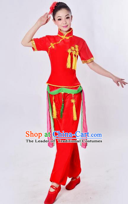 Traditional Chinese Yangge Fan Dancing Costume, Folk Dance Yangko Costume Drum Dance Red Clothing for Women