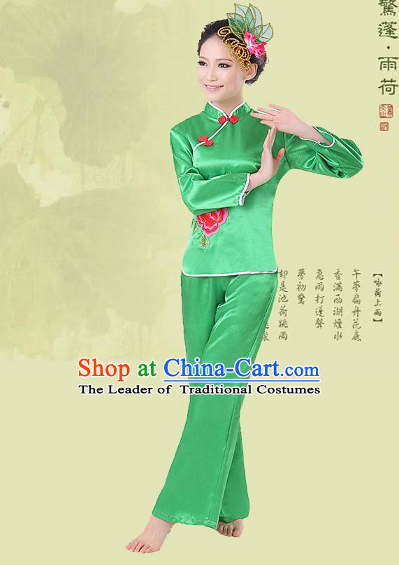 Traditional Chinese Yangge Fan Dancing Costume, Folk Dance Yangko Costume Drum Dance Green Clothing for Women