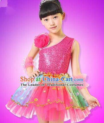 Top Compere Performance Catwalks Costume, Children Chorus Red Dress, Modern Dance Princess Red Veil Bubble Dress for Girls Kids