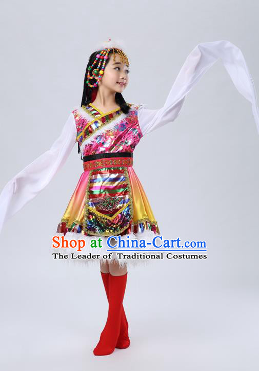 Traditional Chinese Zang Nationality Dancing Costume, Tibetan Children Folk Dance Ethnic Pleated Skirt, Chinese Tibetan Minority Water Sleeve Pink Dress for Kids