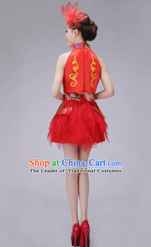 Traditional Chinese Modern Dance Costume, China Style Women Opening Dance Chorus Group Uniforms Short Red Bubble Dress for Women