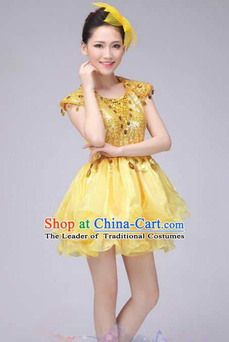 Traditional Chinese Modern Dance Costume, China Style Women Opening Dance Chorus Group Uniforms Golden Paillette Short Bubble Dress for Women