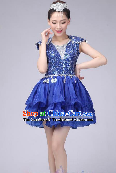 Traditional Chinese Modern Dance Costume, China Style Women Opening Dance Chorus Group Uniforms Blue Paillette Short Bubble Dress for Women