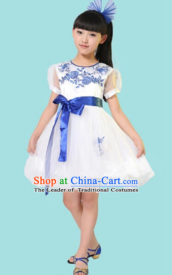 Top Grade Professional Performance Catwalks Costume, Children Chorus Full Dress Modern Dance Little Princess White Bubble Dress for Girls Kids