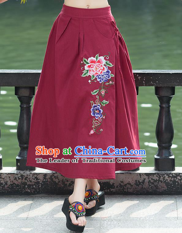 Traditional Ancient Chinese National Pleated Skirt Costume, Elegant Hanfu Linen Embroidery Long Red Skirts, China Tang Suit Bust Skirt for Women