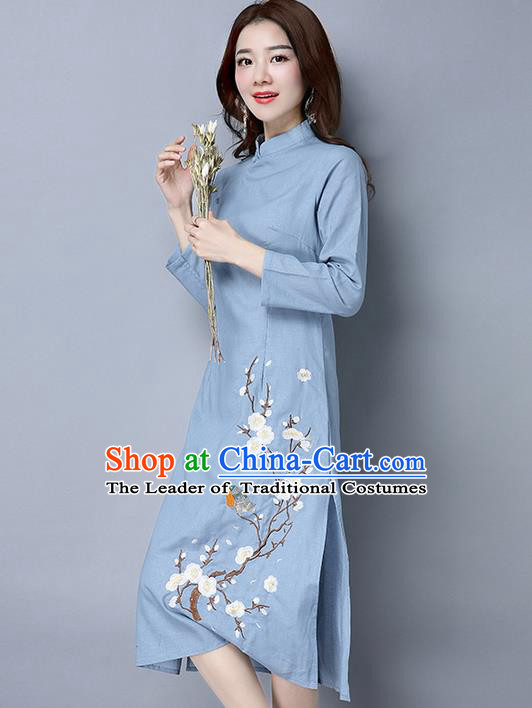 Traditional Ancient Chinese National Costume, Elegant Hanfu Mandarin Qipao Linen Painting Wintersweet Blue Dress, China Tang Suit Stand Collar Chirpaur Republic of China Cheongsam Upper Outer Garment Elegant Dress Clothing for Women