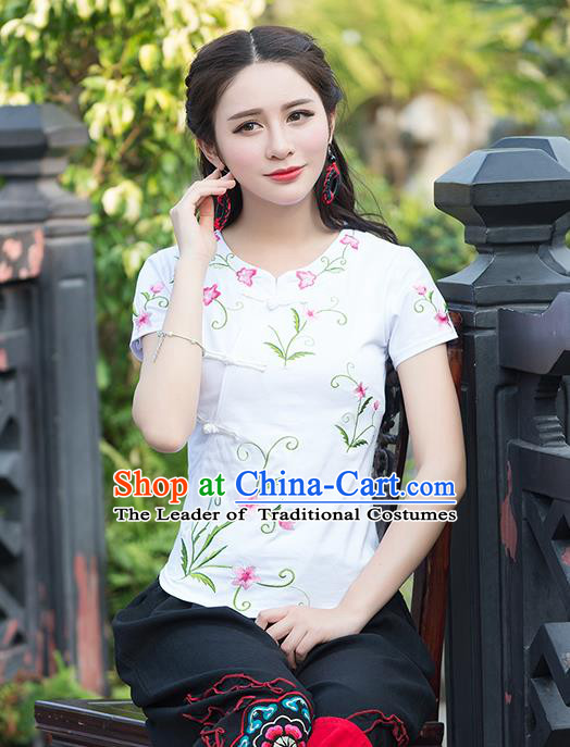 Traditional Chinese National Costume, Elegant Hanfu Embroidery Flowers Slant Opening White T-Shirt, China Tang Suit Republic of China Plated Buttons Chirpaur Blouse Cheong-sam Upper Outer Garment Qipao Shirts Clothing for Women