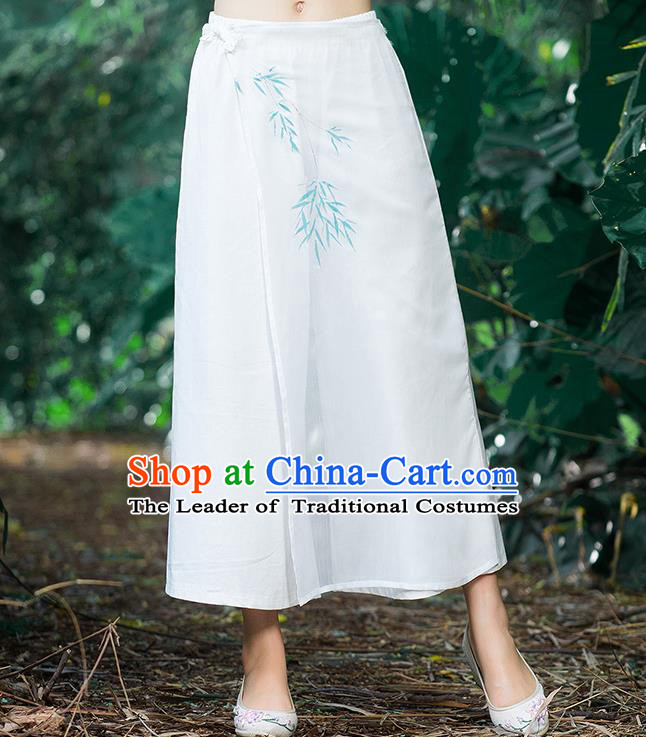 Traditional Chinese National Costume Loose Pants, Elegant Hanfu Hand Painting Bamboo leaves Chiffon White Wide leg Pants, China Ethnic Minorities Tang Suit Ultra-wide-leg Trousers for Women