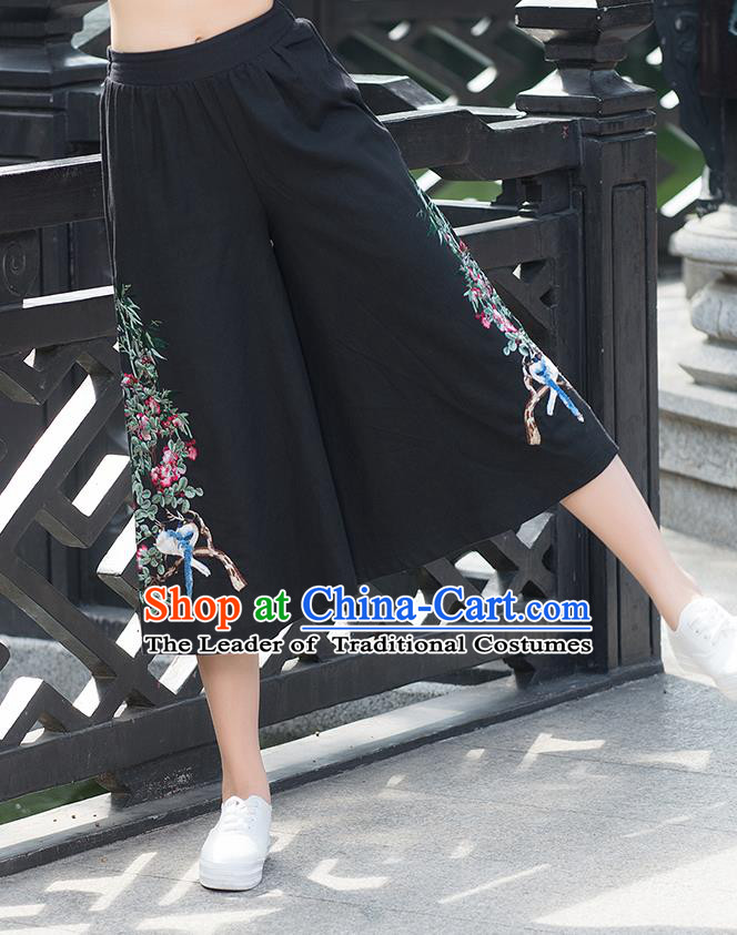 Traditional Chinese National Costume Loose Pants, Elegant Hanfu Embroidered Black Wide leg Pants, China Ethnic Minorities Tang Suit Ultra-wide-leg Trousers for Women