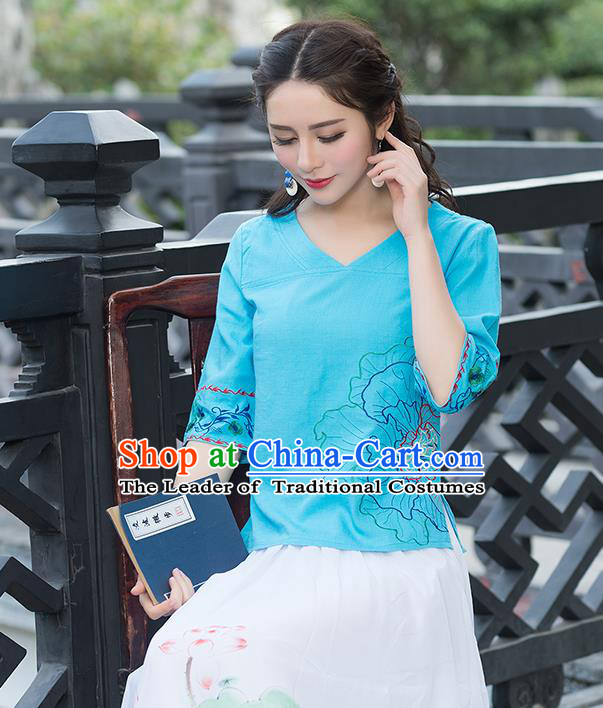 Traditional Chinese National Costume, Elegant Hanfu Embroidery Flowers Blue T-Shirt, China Tang Suit Republic of China Chirpaur Blouse Cheong-sam Upper Outer Garment Qipao Shirts Clothing for Women