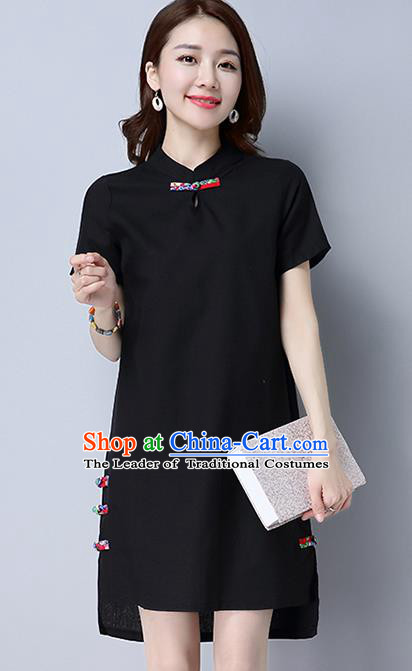 Traditional Ancient Chinese National Costume, Elegant Hanfu Mandarin Qipao Linen Black Dress, China Tang Suit Plated Buttons Chirpaur Republic of China Cheongsam Upper Outer Garment Elegant Dress Clothing for Women