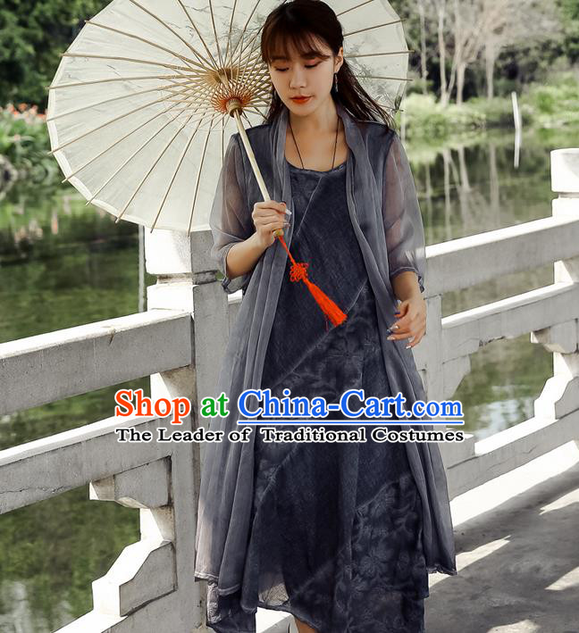 Traditional Ancient Chinese National Costume, Elegant Hanfu Chiffon Grey Cardigan Coat, China Tang Suit Plated Buttons Cape, Upper Outer Garment Dust Coat Cloak Clothing for Women