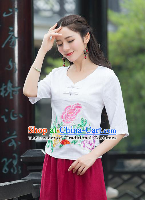 Traditional Chinese National Costume, Elegant Hanfu Embroidery Flowers White T-Shirt, China Tang Suit Republic of China Plated Buttons Chirpaur Blouse Cheong-sam Upper Outer Garment Qipao Shirts Clothing for Women