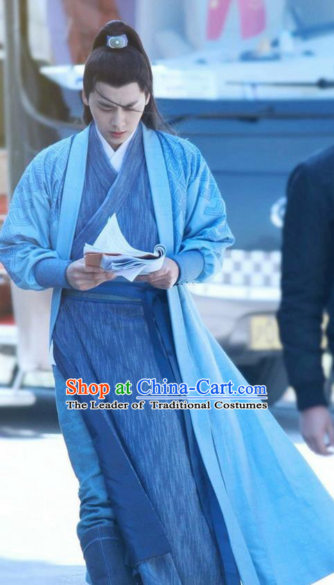 Traditional Ancient Chinese Elegant Swordsman Costume, Chinese Jiang hu Knight-errant Dress, Cosplay Chinese Television Drama Jade Dynasty Qing Yun Faction Taoist Priest Disciple Hanfu Clothing for Men