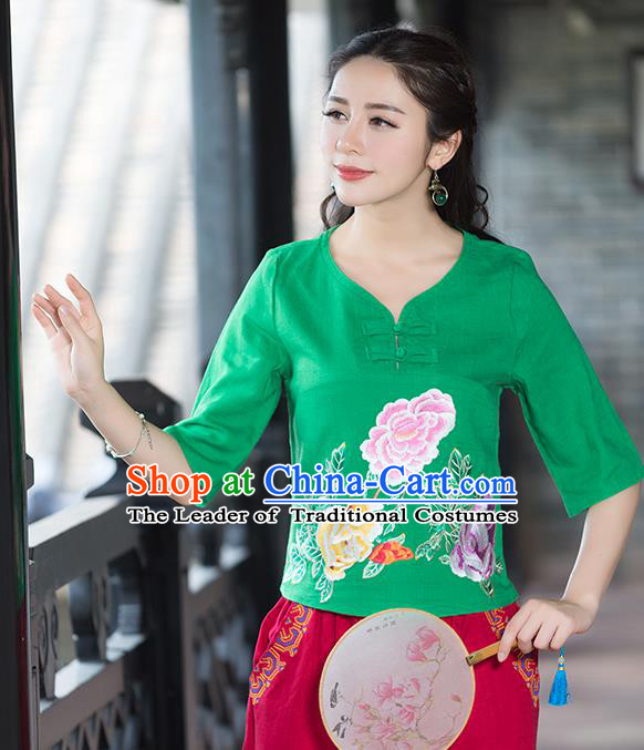 Traditional Chinese National Costume, Elegant Hanfu Embroidery Flowers Green T-Shirt, China Tang Suit Republic of China Plated Buttons Chirpaur Blouse Cheong-sam Upper Outer Garment Qipao Shirts Clothing for Women