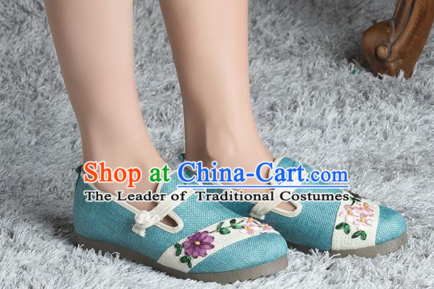 Traditional Chinese Shoes, China Handmade Linen Embroidered Blue Shoes, Ancient Princess Cloth Shoes for Women