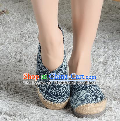 Traditional Chinese Shoes, China Handmade Linen Embroidered Blue and white porcelain Navy Shoes, China Ancient Cloth Shoes for Women