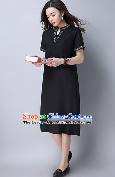 Traditional Ancient Chinese National Costume, Elegant Hanfu Mandarin Qipao Linen Embroidery Black Dress, China Tang Suit Chirpaur Republic of China Cheongsam Upper Outer Garment Elegant Dress Clothing for Women