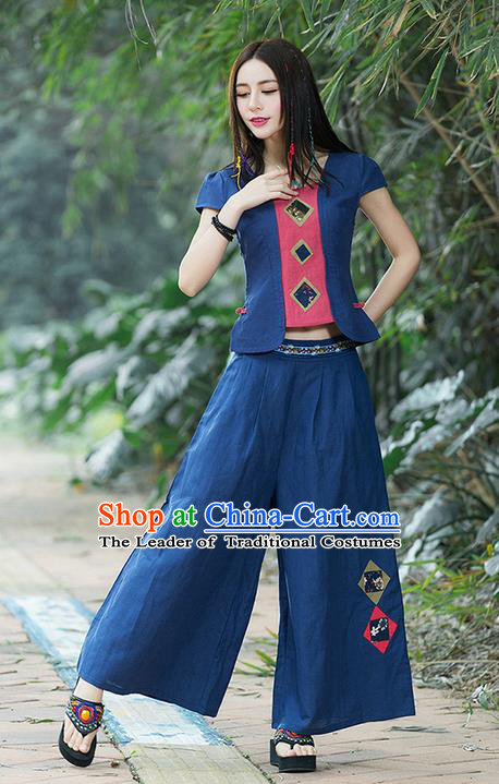 Traditional Chinese National Costume, Elegant Hanfu Embroidery Navy T-Shirt and Loose Pants Complete Set, China Tang Suit Plated Buttons Blouse and Dockers for Women